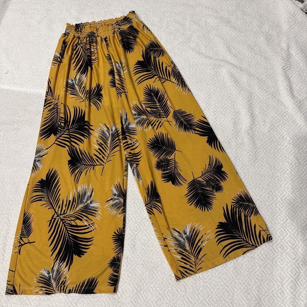 WEST LOOP Yellow Black TROPICAL Palazzo Lounge Boho Baggy Pull On Pants Sz M